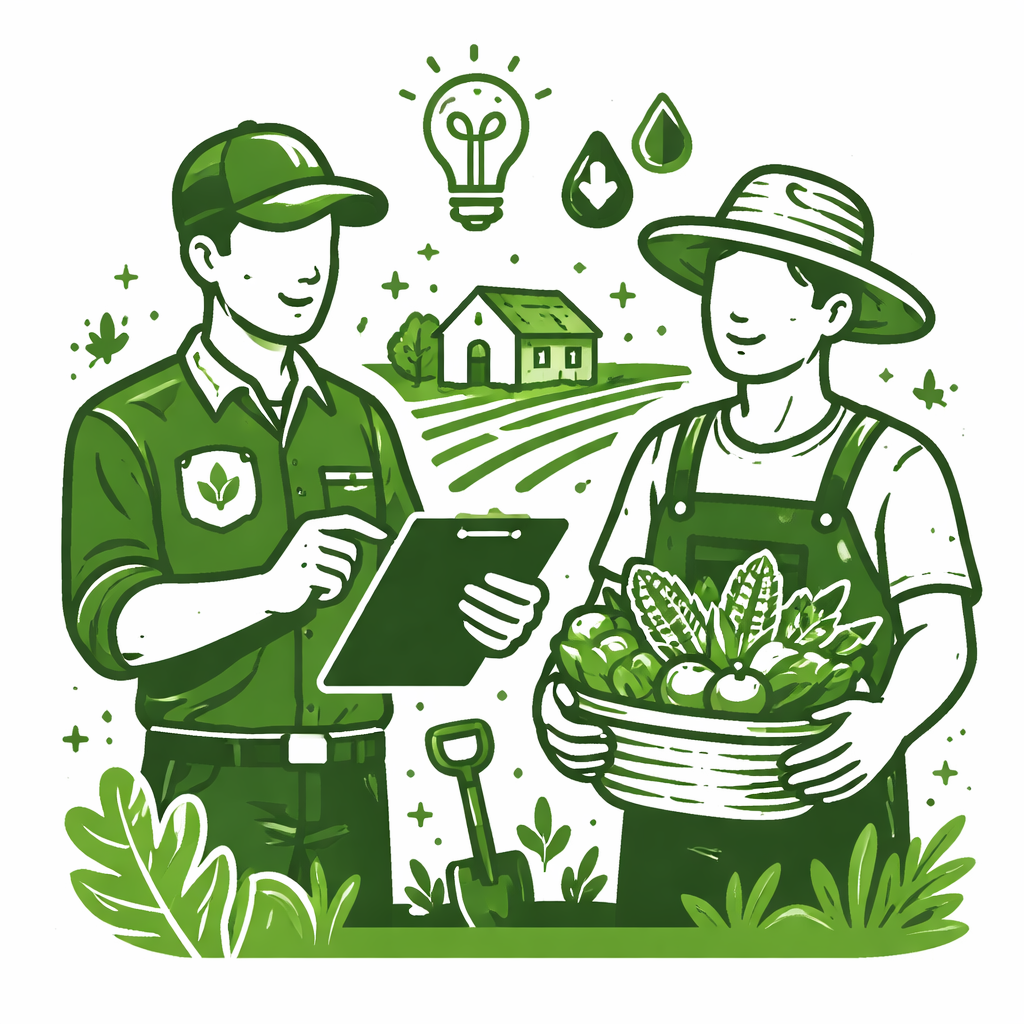Illustration of an agricultural advisor with a clipboard beside a farmer holding a basket of harvested produce, with a farm, crop rows, and symbols for ideas and water in green tones.